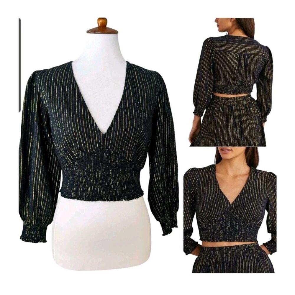 Boden Navy Gold Striped Lurex Smocked Cropped Blouse Top Size 4 Balloon Sleeve